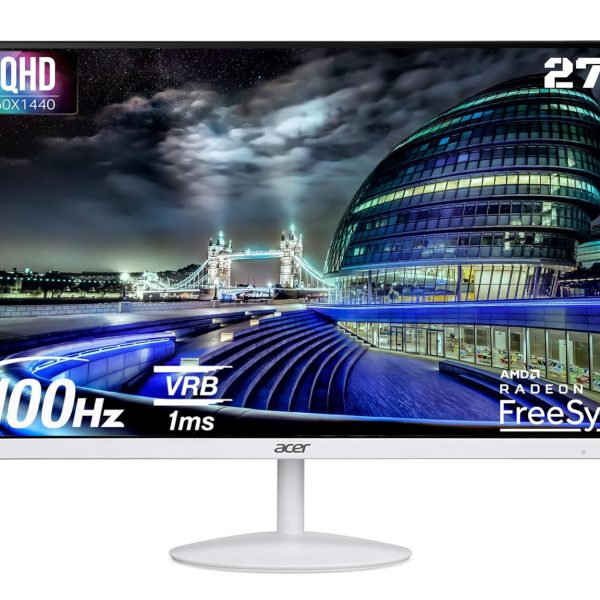 Acer SA272U E 27 Inch WQHD 2560×1440 Resolution IPS Ultra Slim (7.2mm) Backlight LED LCD Monitor I 100Hz Refresh I 1 MS VRB I HDR 10 I AMD Free Sync I 2xHDMI 1xDP I Stereo Speakers I Eye Care I White