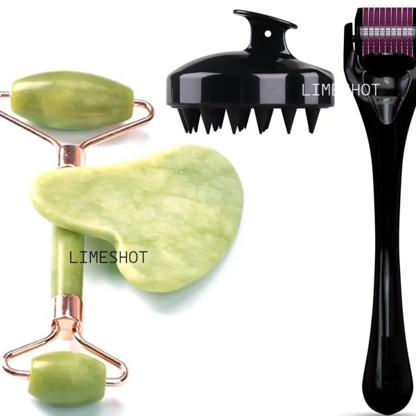 Hair Massager Hair Scalp Massager Shampoo Brush+Hair Regrowth Roller with 540 Titanium Micro Needles+Face Stone Jade Roller With Gua Sha (Hair sclap+Hair Growth Roller+Jade Roller)